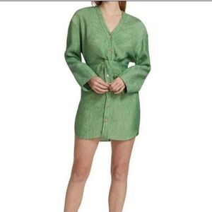 Nanushka Johanna Green Pleated Twist-Front Long Sleeve Mini Dress Size XS